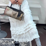 Vevesc  Vintage Ruffles Women Skirts Solid A-line Korean Fashion Spring Fall Faldas Mujer Sweet Elegant Lace Long Skirt