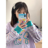 Vevesc Harajuku Striped Sweatshirt Women Kawaii Animal Print Hoodies Y2K Streetwear Oversized O Neck Patchwork Pullovers Tops