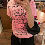 Vevesc Graffiti Letter Print Gradient Chic Short Sleeve Y2K Tshirts Women Tees Preppy Style O Neck Slim Fit Camisetas American Vintage