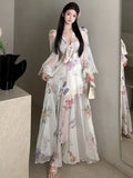 Vevesc  Elegant Floral Printed Long Dresses for Women Lantern Sleeve V-neck High Split Y2K Fairy Party Dress Korean Fashion Vestidos New
