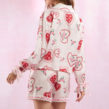 Vevesc Women Slik Satin Lounge Sleepwear 2 Piece Set Heart Print Lace Trim Button Up Blouse Shirt Tops + Shorts Valentine's Day Pajamas