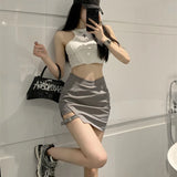 Vevesc Y2K Irregular Mini Skirts Women Sexy Slit High Waist A Line Skirt Summer Streetwear Korean Solid V-Shaped Slim Suit Skirts