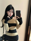 Vevesc Skew Collar Off Shoulder Striped Knitted Tops Women Autumn New Bottoming Sweater Mujer Long Sleeve All-match Pullovers