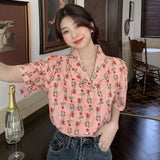 Vevesc Vintage Shirts Women Sweet Elegant Floral Print Blouses Summer Retro Streetwear Harajuku Korean Loose Casual Cardigan Tops New