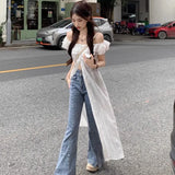 Vevesc Elegant Slash Neck White Shirts Women Y2k E-Girl Slim Waist Lace Blusas Mujer Summer New Mid-length Loose Blouses Dress