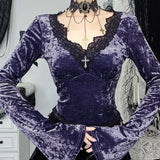 Vevesc Vintage Palace Style Velvet Dress Women Aesthetic Fairycore Grunge Mall Gothic Lace Patchwork Long Sleeve Crop Tee Tops