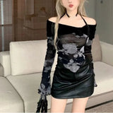 Vevesc Korean Sexy Halter Off Shoulder T-shirts Spring Autumn New Slim Fit Print Black Tee Shirt Y2k Grunge Long Sleeve Tops Women