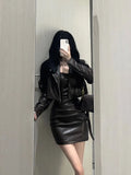 Vevesc Fashion Vintage Long Sleeve Zipper Leather Coat Women+ Y2k Sexy Slim Fit Bodycon Camisole Dress Summer New Two Piece Sets