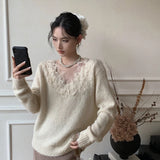 Vevesc Korean Deign Patchwork Lace Sexy V Neck Pullovers Autumn Office Lady Lazy Streetwear Jumpers Y2k Aesthetic Warm Clothes