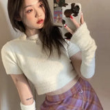 Vevesc Short High Waist Korean Solid Sweaters O-Neck Y2K Pullover Mink Cashmere Crop Tops Women Sueter Mujer Patchwork Long Sleeve