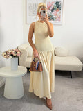 Vevesc  Elegant Patchwork Long Dress Women O-neck Sleeveless Pleated Female Dresses 2025 Summer Holiday Solid A-line Lady Loose Robe