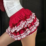 Vevesc Korean Kawaii Lace Trim Multi-layers Mini Skirt Cute Low Rise Tiered Ruffle Bloomers Skirt Y2k Japanese Lolita A-line Skirt