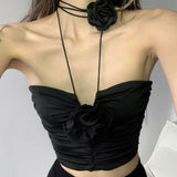 Vevesc Elegant Vintage Sexy Black Rose Halter Camisole Tops All-match Hollow Out Tank Top 2024 Summer New Slim Fit Vest for Women