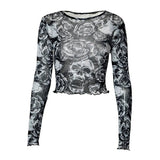 Vevesc Skull Print Graphic T Shirts Halloween Gothic Emo Black Mesh See Through Long Sleeve Crop Top Dark Academia