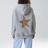 Vevesc Leopard Star Print Sweatshirt with Front Pocket Y2k Aesthetic Loose Fit Hooded 2000s Retro Grunge Pullovers Autumn Streetwear