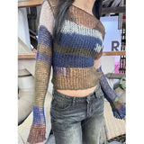 Vevesc Summer High Street O Neck Slim Constrast Color Knitted Pullovers Korean Temperament Hollow Out Women Clothes Y2k Aesthetic Tees