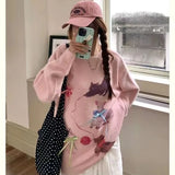 Vevesc Bow Dog Cat Sweet Knitted Pullovers Y2k Sueter Mujer O Neck Women Japanese Cartoon Preppy Style Kawaii Sweaters Oversize