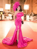 Vevesc Eye Catching Fuchsia Asymmetrical Split Long Evening Dresses With 3D Flower And Ruffles Details Sexy Formal Party Dress