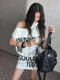 Vevesc Korean Streetwear Skew Collar Dress Harajuku Letter Print Y2k Aesthetic Sexy Dresses Women Pleated Slim Waist Vestido De Mujer