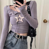 Vevesc Vintage Star Girl Y2k Crop Tshirt Women Korean Fashion Streetwear Harajuku T-shirts Long Sleeve Aesthetic Coquette Tops