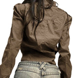 Vevesc Y2k Fall Winter Crop Jackets for Women Turtleneck Zip Up Coats Brown 90s Vintage Clothes Bomber Jacket