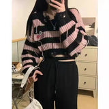 Vevesc Short Length Striped Black Pink Sweaters Women V-Neck Y2k Knitted Loose Crop Tops Pullovers Long Sleeve High Waist Sueter Mujer