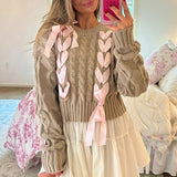 Vevesc Sweet Ribbon Criss-Cross Tie Up Sweater Girly Coquette Cable Knitted Pullovers Women Autumn Vintage Y2k Knitwear Jumpers Tops