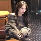 Vevesc American High Street Slash Neck Knitted Lazy Pullovers Y2k Aesthetic Punk Harajuku Loose Vintage Jumpers Solid Korean Clothes