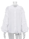 Vevesc Ruffle Loose Women Shirts 2024 Cotton Long Sleeve Elegant White Tshirt Ladies Street Casual Holiday Baggy Cover Up Female