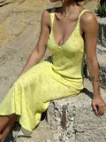 Vevesc  Yellow Floral Print Summer Vacation Beach Dresses For Women Sleeveless V Neck Elegant Sexy Boho Mermaid Dress