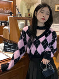 Vevesc Korean Fashion Plaid Sweater Women Harajuku Sweet Pink Sexy V Neck Pullover Kpop Long Sleeve Knitted Tops Autumn Winter