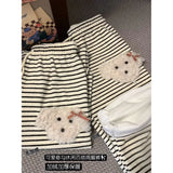 Vevesc New Kawaii Fleece Dog Wide Leg Casual Striped Straight Drawstring Pants High Waist Women Japanese Preppy Style Pant Y2k