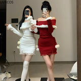 Vevesc 2024 Winter Christmas Bodycon Knitted Mini Dress Women Casual Long Sleeve Sweet Elegant Even Party One Piece Dresses Korean Fur