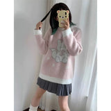 Vevesc Autumn Winter New Cartoon Knitted Pullover Y2k Sweet Pink O-neck Sweaters Mujer Long Sleeve Loose Mid-length Tops