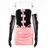 Vevesc Sexy Strapless Bows Trim Women Two Piece Sets Black Gloves Corset Tops Pink Skirts Female Summer Skinny Party Clubwear