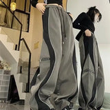 Vevesc Y2K Line Design Pant Women Drawstring Pockets Wide Leg Chic Punk Pants Baggy Striped Sports Sweatpants Parachute Jogger Trousers