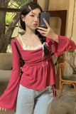 Vevesc Milk Whir Sweet and Spicy Rose Red Short Square Neck Sweater for Women Autumn and Winter Base Slim-fit One-line Shoulder Flared