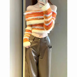 Vevesc American Slim Pullovers Sweaters Crop Tops Sexy Knitted Contrast Color Striped Women Y2k Slash Neck Vintage Sueter Mujer Chic