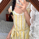 Vevesc  French Floral Print Sleeveless Dress Women Spliced Lace Bandage Waist A-line Long Dresses Summer Fairy Sweet Beach Robe