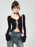 Vevesc Harajuku Summer Hollow Out Crop Tops Y2k Aesthetic Fairy Grunge Pearl Bow Women T Shirt Grunge Sexy Irregular Slim Fit Tees
