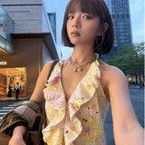 Vevesc Summer Y2k Aesthetic Halter Bandage Sweet Tank Top Women Print Backless Streetwear Ruffled Tanks Harajuku Fairy Cropped Tops