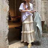 Vevesc Korean Lace Long Skirt Women Vintage Cute High Waist Loose Fairycore Tassel Patchwork A-Line Midi Mori Girl Autumn