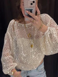 Vevesc  Sequins Hollow Out Pullovers Women Casual Loose Round Neck Full Sleeve Female Crop Tops Spring Summer See Through Lady Outerwear