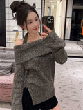 Vevesc Women's Grey Pullover Knitted Sweater Harajuku Aesthetic Y2k Long Sleeves Slash Neck Sweaters Vintage 2000s Clothes Autumn