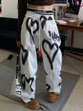 Vevesc Y2K Harajuku White Sweatpants Women Streetwear Hippie Heart Print Wide Leg Jogger Pants Oversized Korean Fashion Trousers