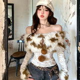 Vevesc Vintage Fur Patchwork Off Shoulder Tops Mujer Autum New All-match T-shirt for Women Y2k Slim Fit Long Sleeve Tee Shirt