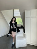 Vevesc American Vintage Black O Nekc Long Flare Sleeve Shirts Side Split Lace Up Design Streetwear Clothing Y2k Aesthetic Punk Tops