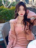 Vevesc Pink Sweet Knitted Two Piece Set Women Split Sexy Elegant Sweater Dress Set Female Button Designer Casual Dress Suit Autumn