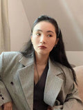 Vevesc Autumn Suit Jacket for Women Loose Gray Striped Design Niche Mid Length Long Sleeved Suit Elegant Fine Stripes Blazer Coat