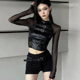 Vevesc Harajuku Sexy Crop Top Black Leather T-shirts Autumn New Slim Fit Tee Shirt Y2k E-Girl Long Sleeve Mesh Tops Women